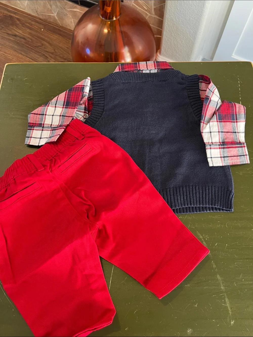 The Children's Place Navy Vest, Red Pants & Plaid Shirt Set